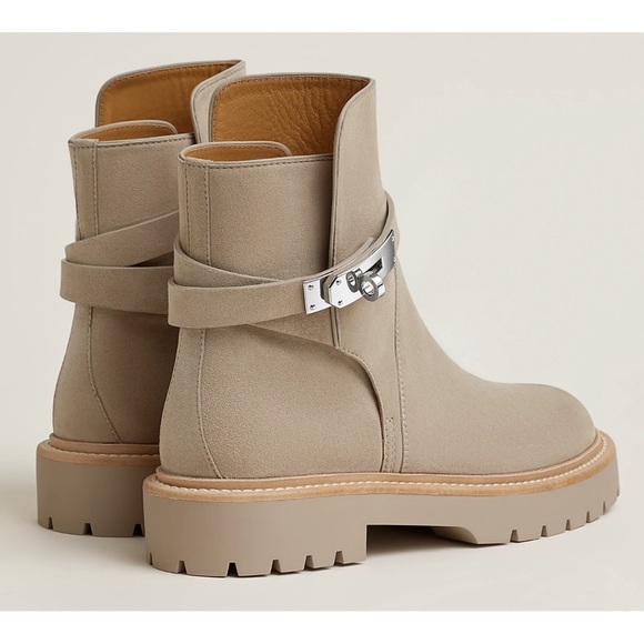 Hermes Jeff Ankle Boot Beige Galet Suede Goatskin Kelly Lock Buckle Palladium 40 - Picture 14 of 16
